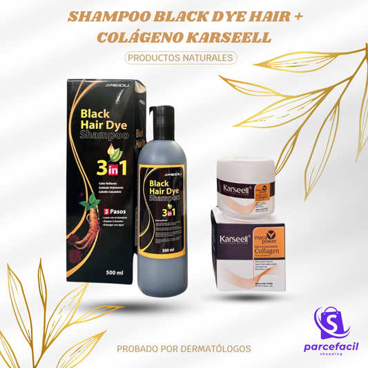 Combo Exclusivo: Shampoo Black Dye Hair + Gratis Colágeno Karseell – Cabello negro al instante y nutrido desde la raíz