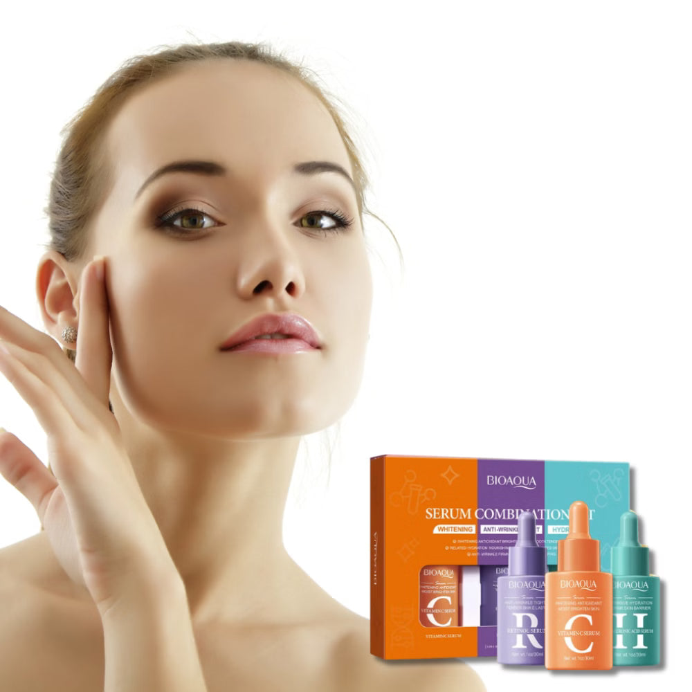 Combo Exclusivo BioAqua Antiedad Total 4 en 1 – 3 Sérums Intensivos + Protector Solar de Regalo